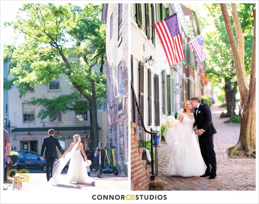 wedding portraits with bride and groom on sunny day in old town Alexandria, Virginia photography by Connor Studios 