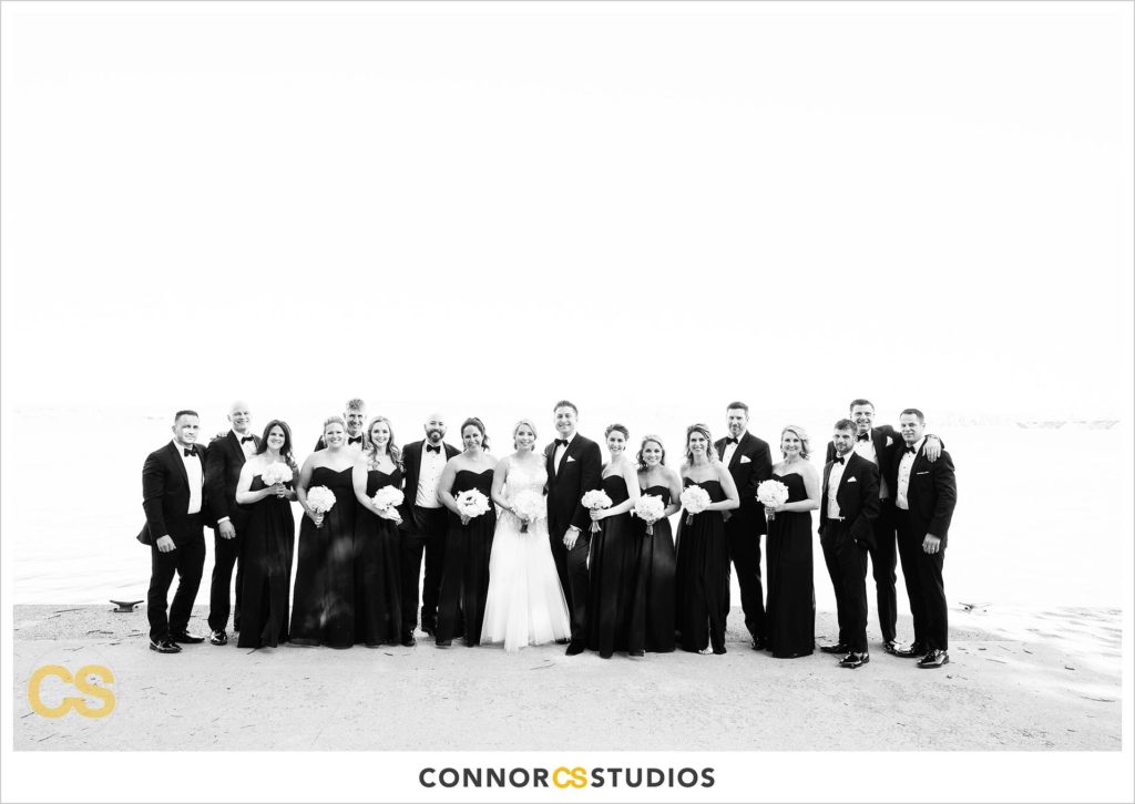 wedding party portraits with bride and groom on sunny day in old town Alexandria, Virginia on the potomac river photography by Connor Studios 