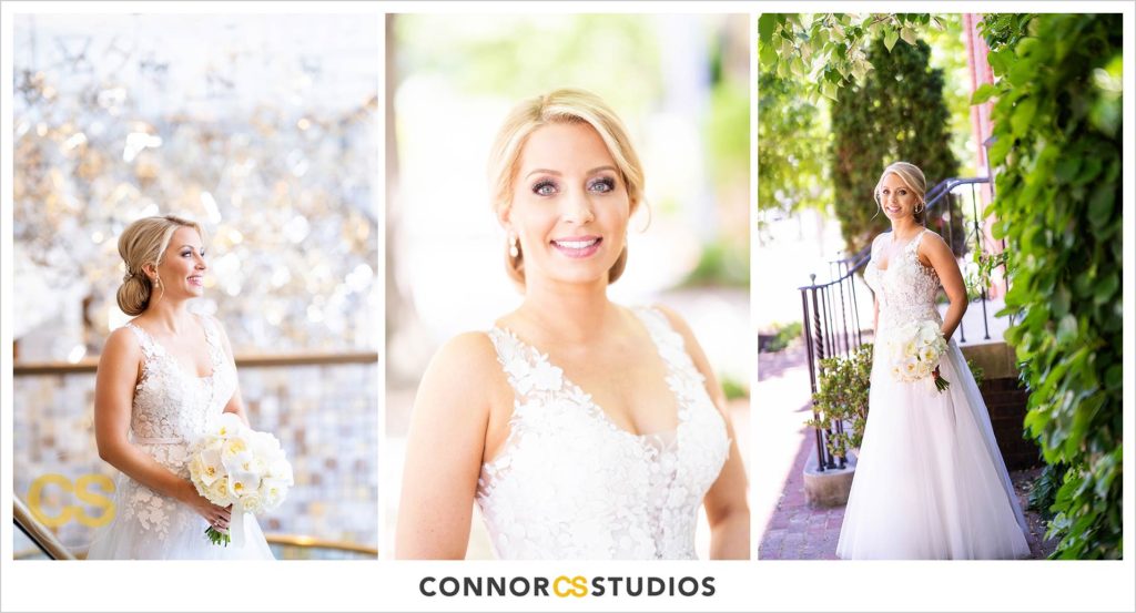 wedding portraits with bride on sunny day in old town Alexandria, Virginia photography by Connor Studios 