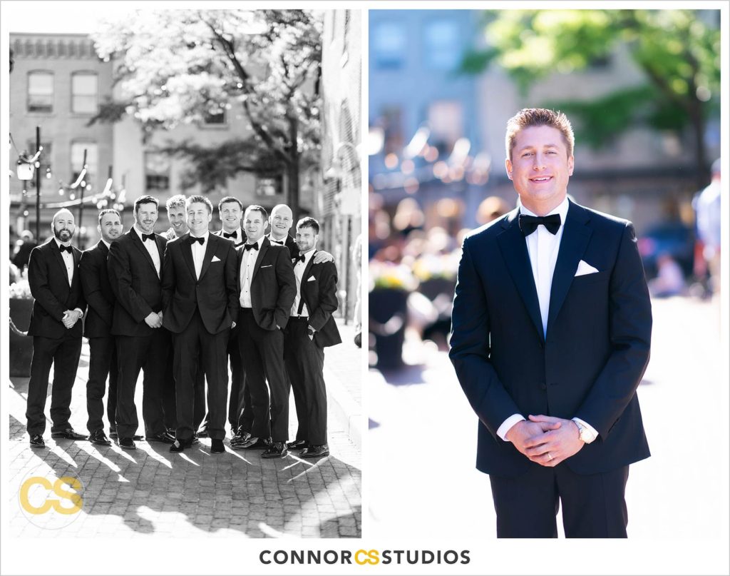 wedding portraits with groom and wedding party and groomsmen on sunny day in old town Alexandria, Virginia photography by Connor Studios 