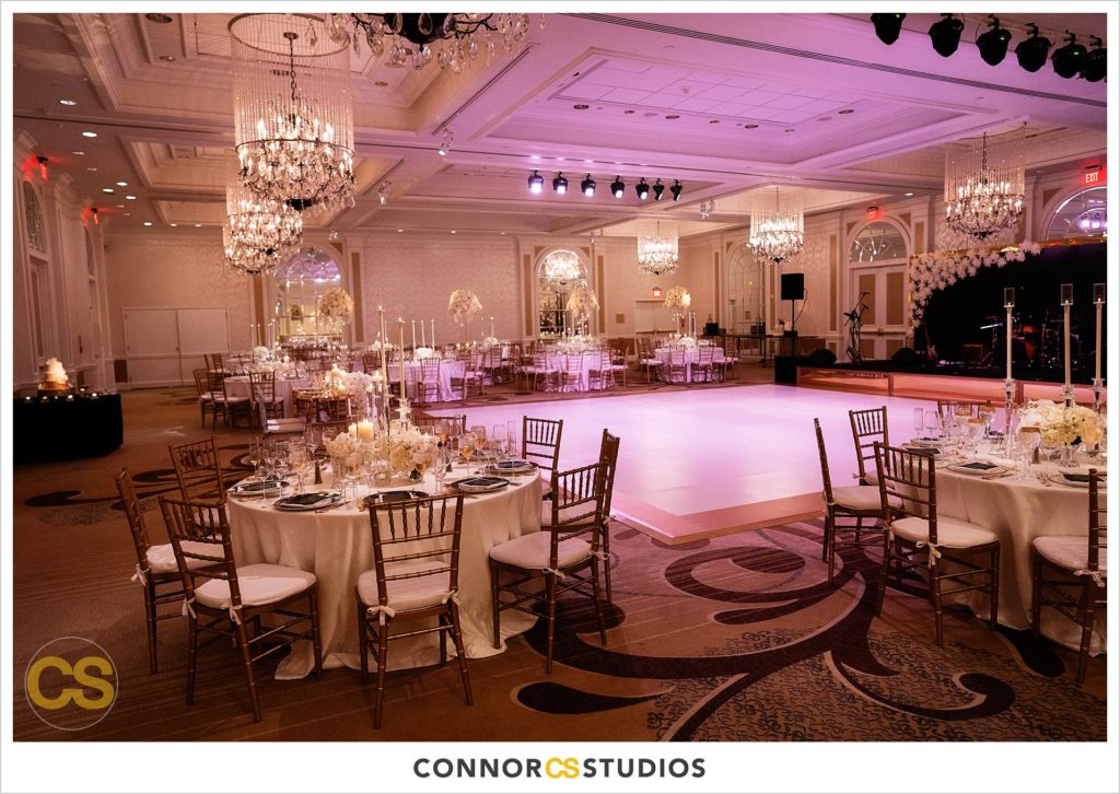 luxury wedding reception details in the ballroom at Fairmont Hotel in Washington, DC photography by Connor Studios 