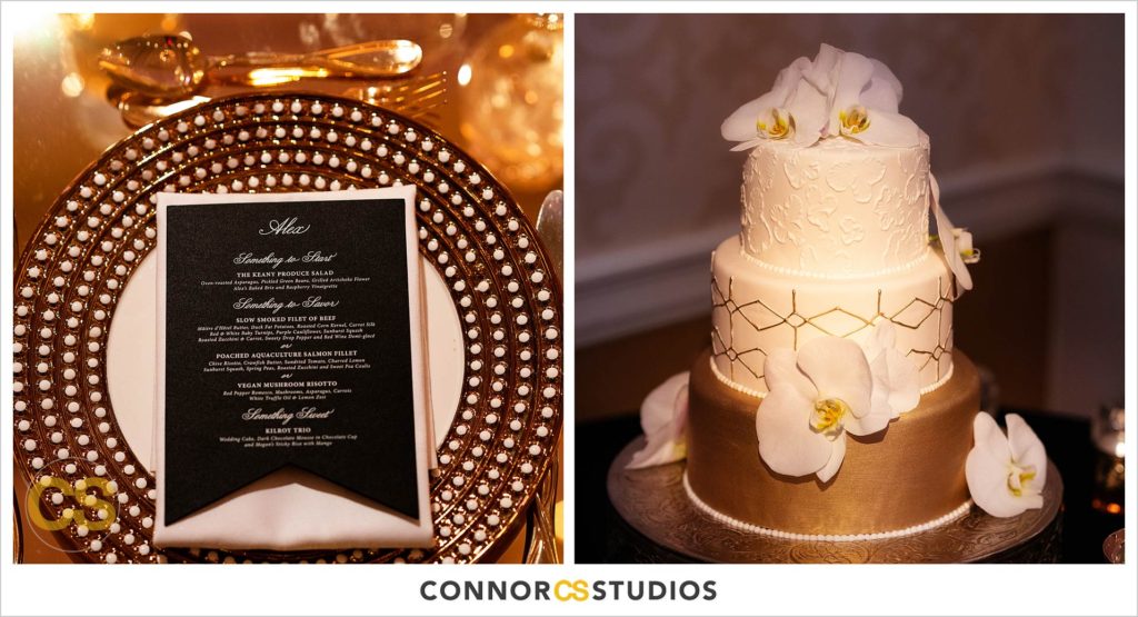 luxury wedding reception details of wedding cake and sweetheart table in gold with candles in the ballroom at Fairmont Hotel in Washington, DC photography by Connor Studios 