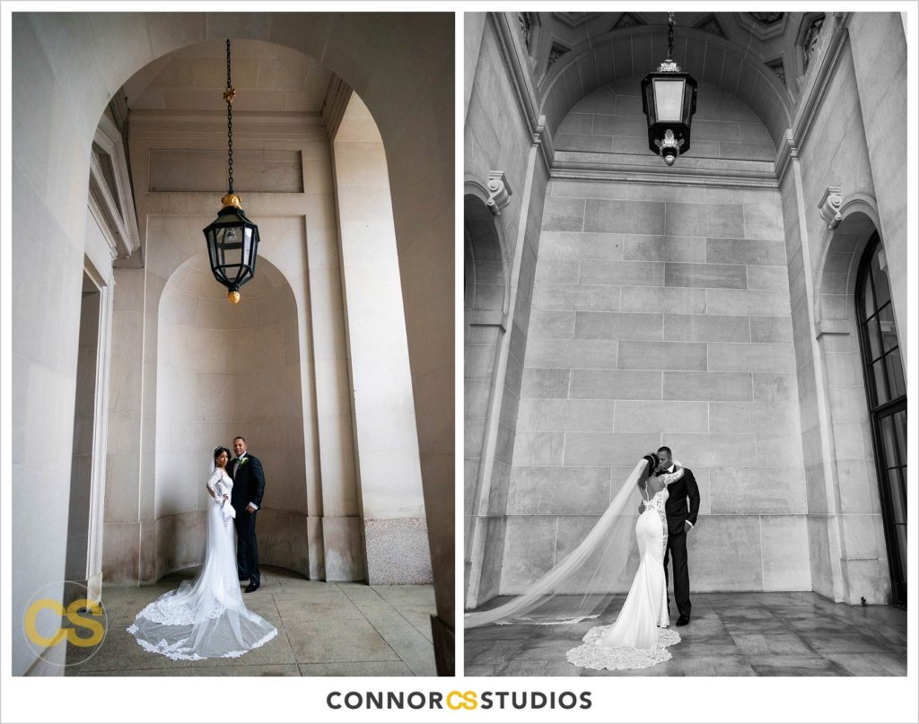 portrait photograph of bride and groom at their wedding at the Andrew W. Mellon Auditorium in Washington, DC by Connor Studios