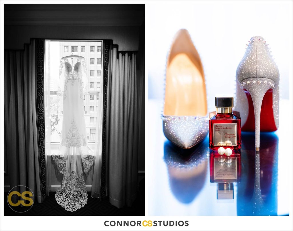 wedding dress and christian louboutin wedding shoes at the Willard Intercontinental in Washington, DC by Connor Studios