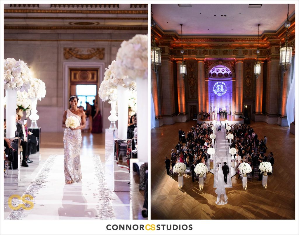 bride and bridesmaids entering wedding at the Andrew W. Mellon Auditorium in Washington, DC by Connor Studios surrounded by tall white floral arrangements