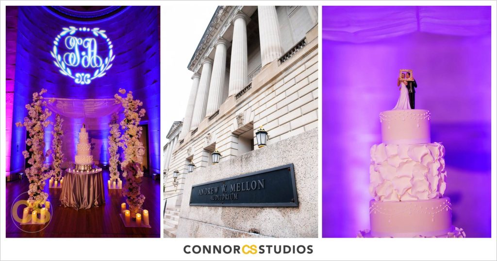 wedding in reds and purple with tall white floral arrangements and white wedding cake with topper at the Andrew W. Mellon Auditorium in Washington, DC by Connor Studios