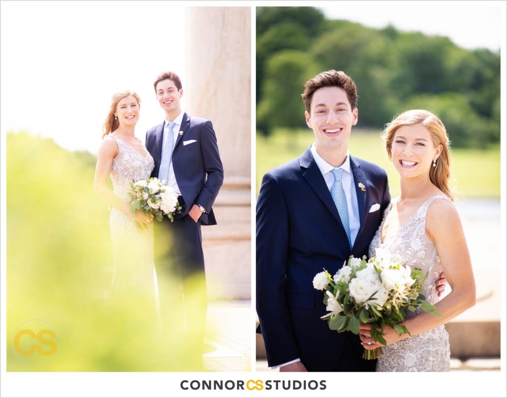 photograph of bride and groom kissing on their wedding day for portraits at the National Capitol Columns at the national arboretum in washington, dc by connor studios