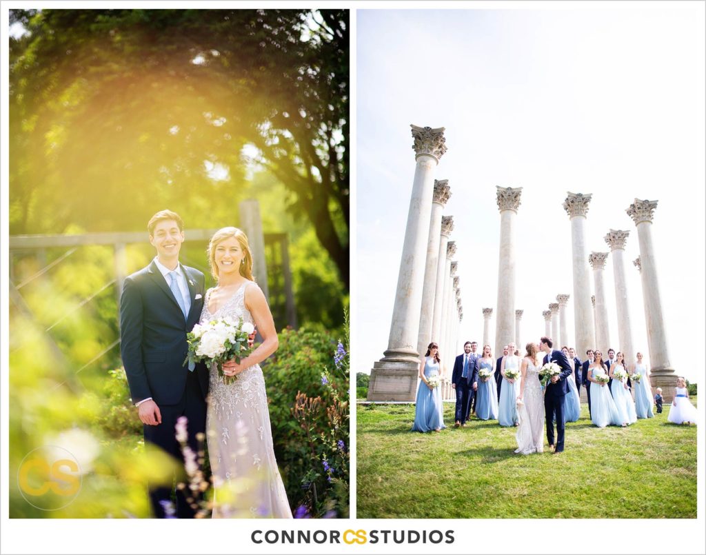 photograph of bride and groom with their wedding party on their wedding day for portraits at the National Capitol Columns and the herb garden at the national arboretum in washington, dc by connor studios