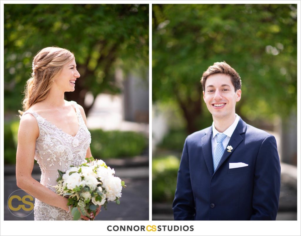 photograph of bride and groom on their wedding day for portraits at the bonsai gardens at the national arboretum in washington, dc by connor studios