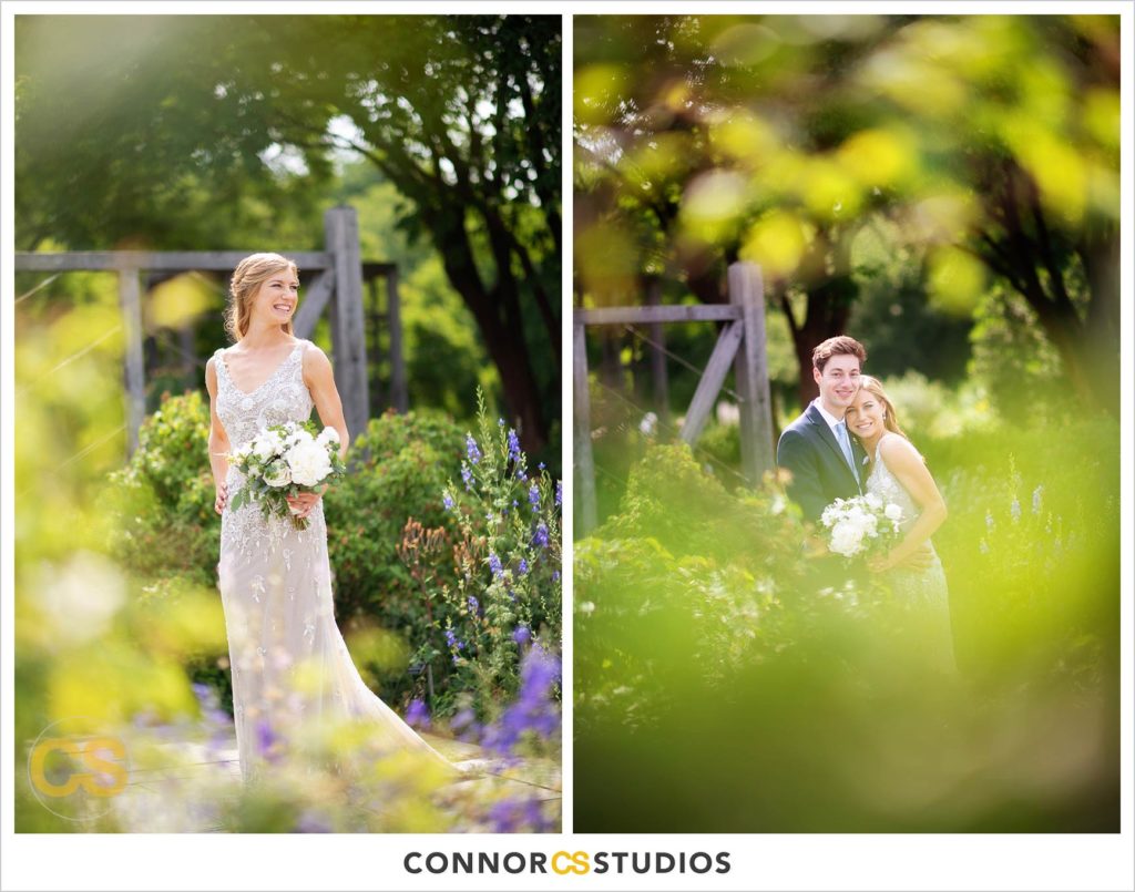 photograph of bride and groom on their wedding day for portraits in the herb garden at the national arboretum in washington, dc by connor studios