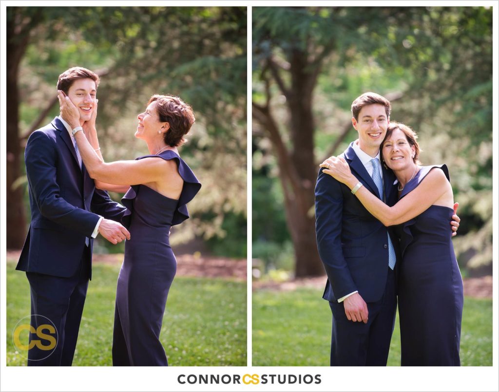 photograph of groom and his mom on their wedding day for portraits in the herb garden at the national arboretum in washington, dc by connor studios