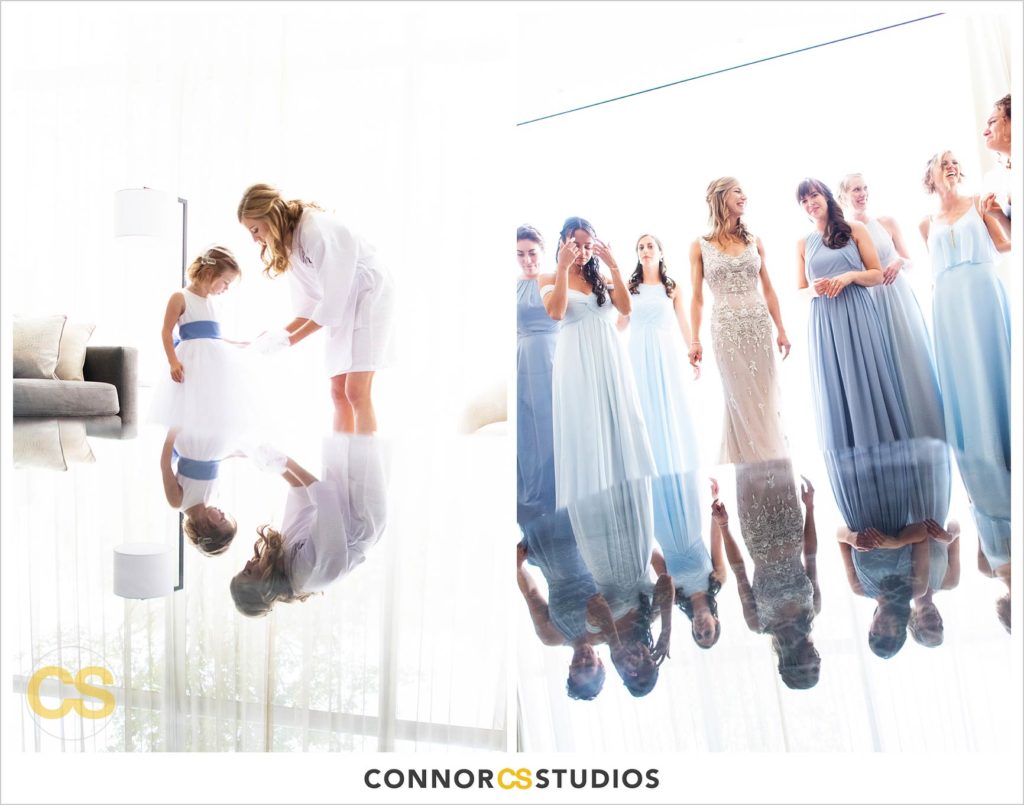 bride and bridesmaids and flower girl in light blue dresses at the conrad washington dc hotel by connor studios