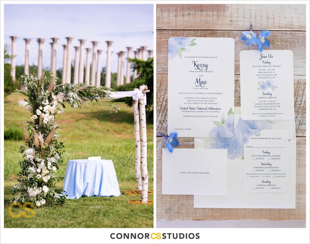invitation detail and chuppah outdoor summer wedding ceremony with the National Capitol Columns at the national arboretum in washington, dc by connor studios