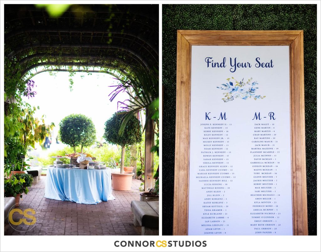 details of seating chart and cocktail hour at outdoor summer wedding at the national arboretum in washington, dc by connor studios