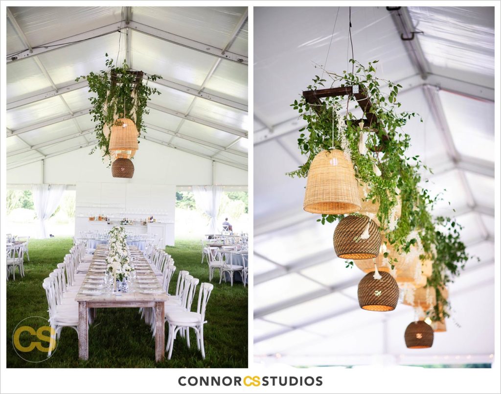 detail of chandelier under large tented outdoor summer wedding reception at the national arboretum in washington, dc by connor studios