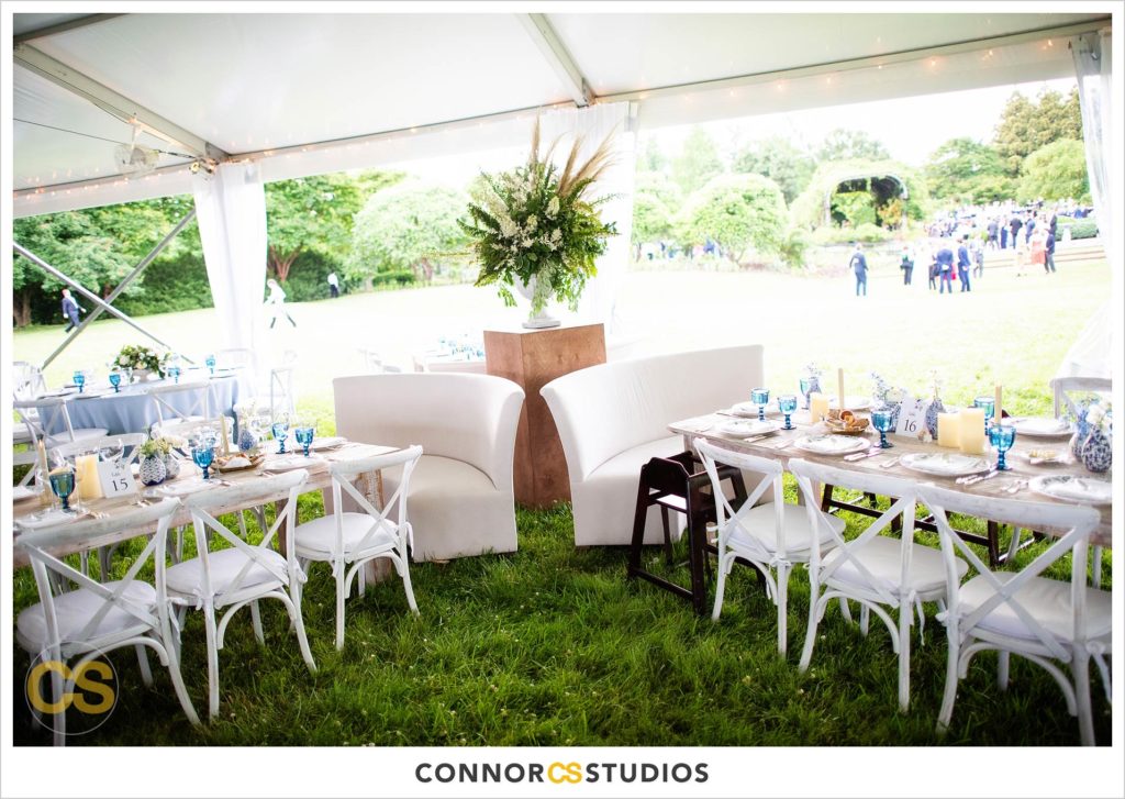 detail of large tented outdoor summer wedding reception at the national arboretum in washington, dc by connor studios