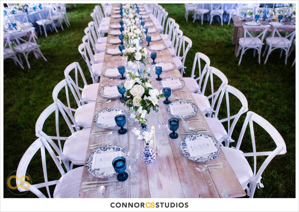 detail of rustic vintage table setting at large tented outdoor summer wedding reception at the national arboretum in washington, dc by connor studios