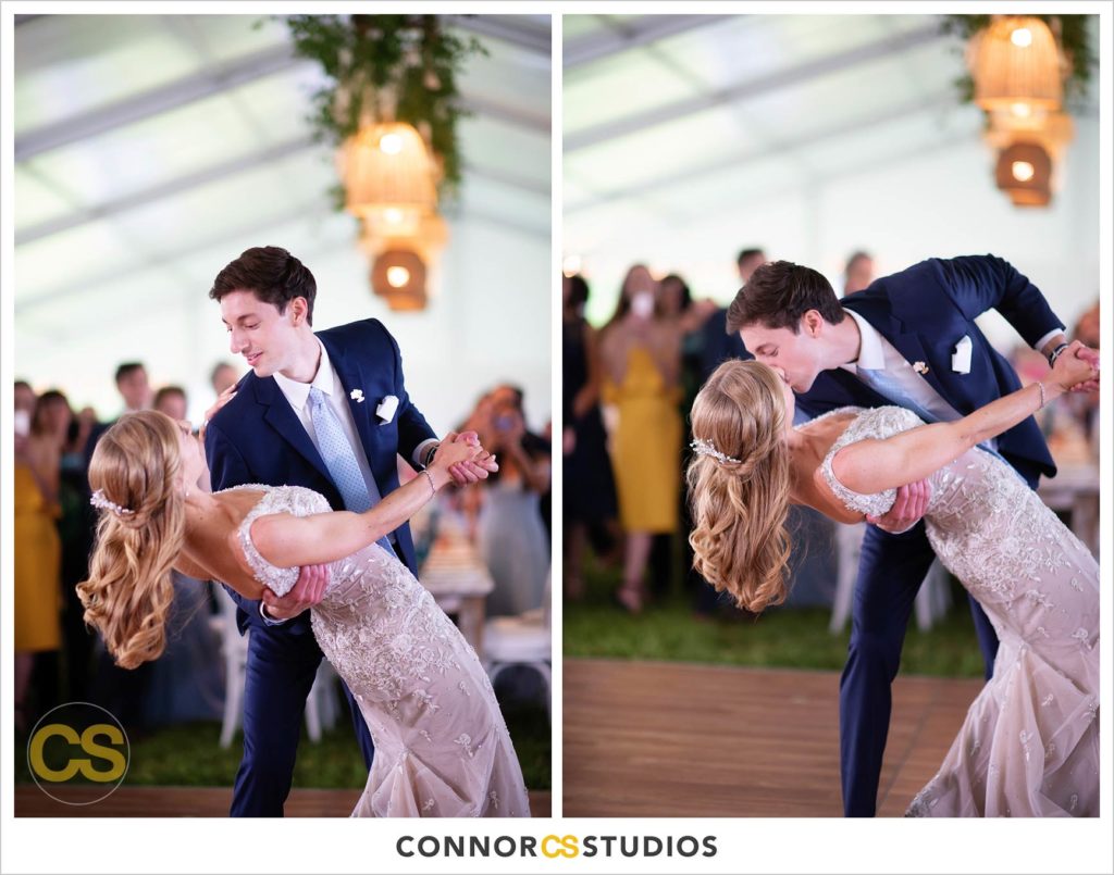 bride and groom first dance large tented outdoor summer wedding reception at the national arboretum in washington, dc by connor studios