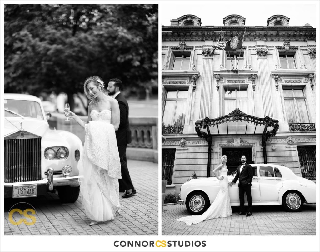 bride and groom with vintage rolls royce at the Cosmos Club in washington, dc by connor studios