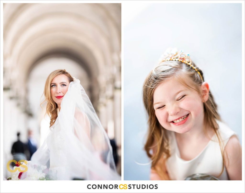 bride and cute flower girl portrait at union station in washington, dc by connor studios