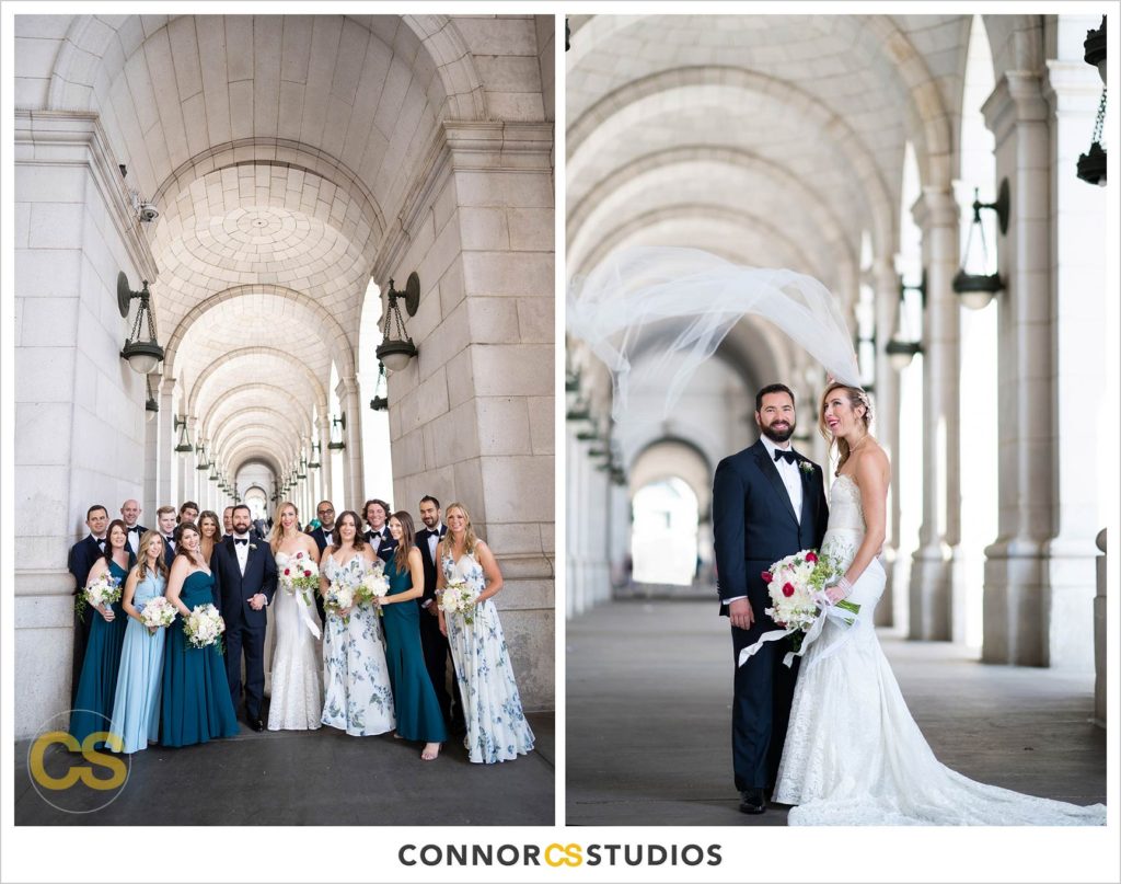 bride and groom with flowing veil and wedding party with green and white mismatched dresses portraits at union station in washington, dc by connor studios