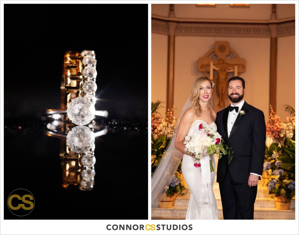 wedding rings and portrait of bride and groom at st. patrick's catholic church in washington, dc by connor studios