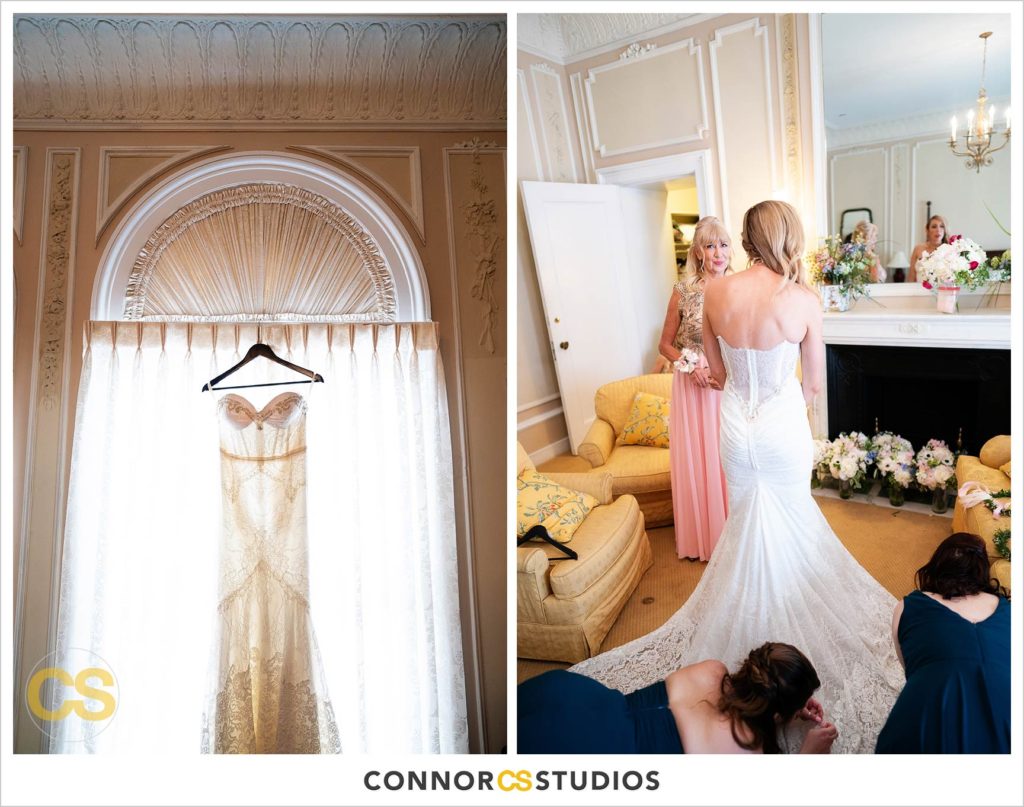 bride and mom with wedding dress getting ready at the Cosmos Club in Washington, DC by Connor Studios