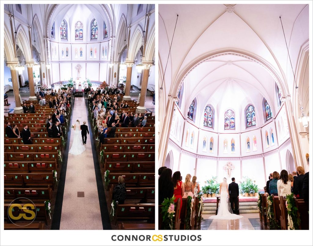 bride and father walking down the aisle at her wedding at st. patrick's catholic church in washington, dc by connor studios