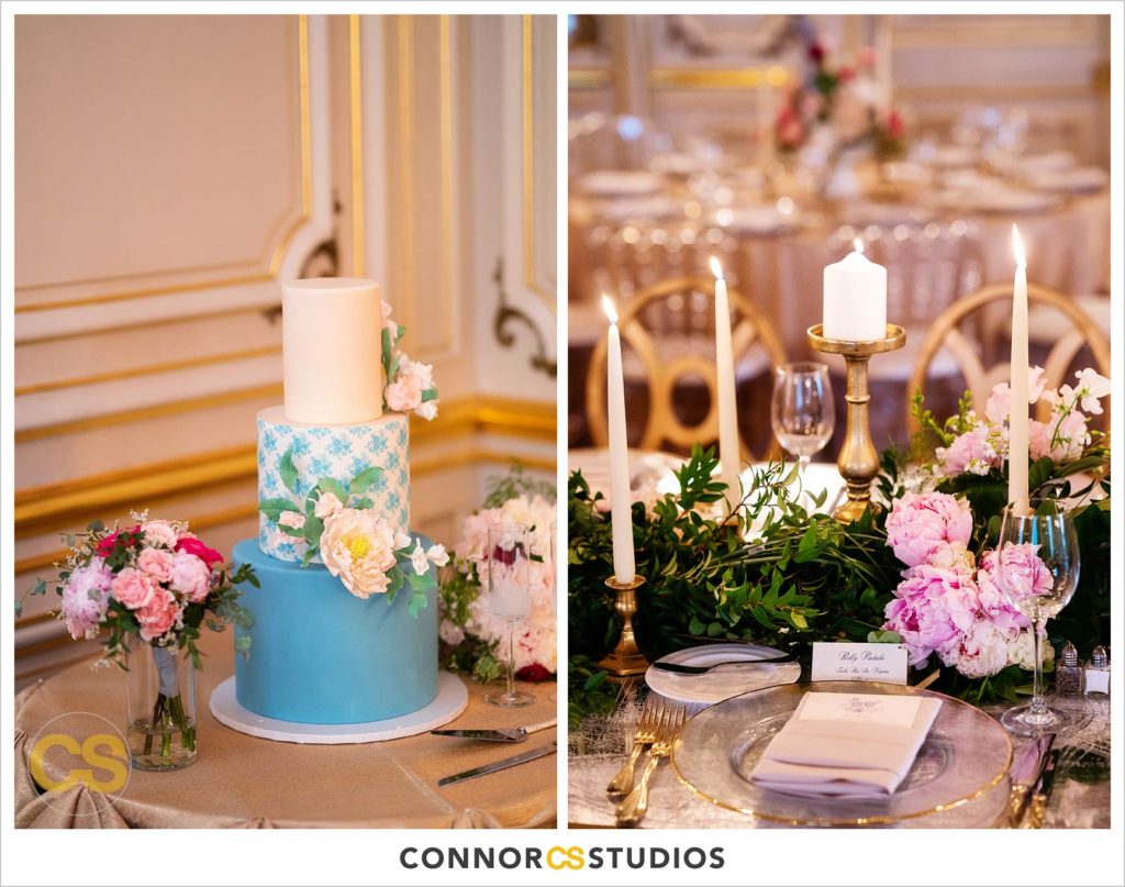 luxury wedding table details and cake by buttercream bake shop at the Cosmos Club in washington, dc by connor studios