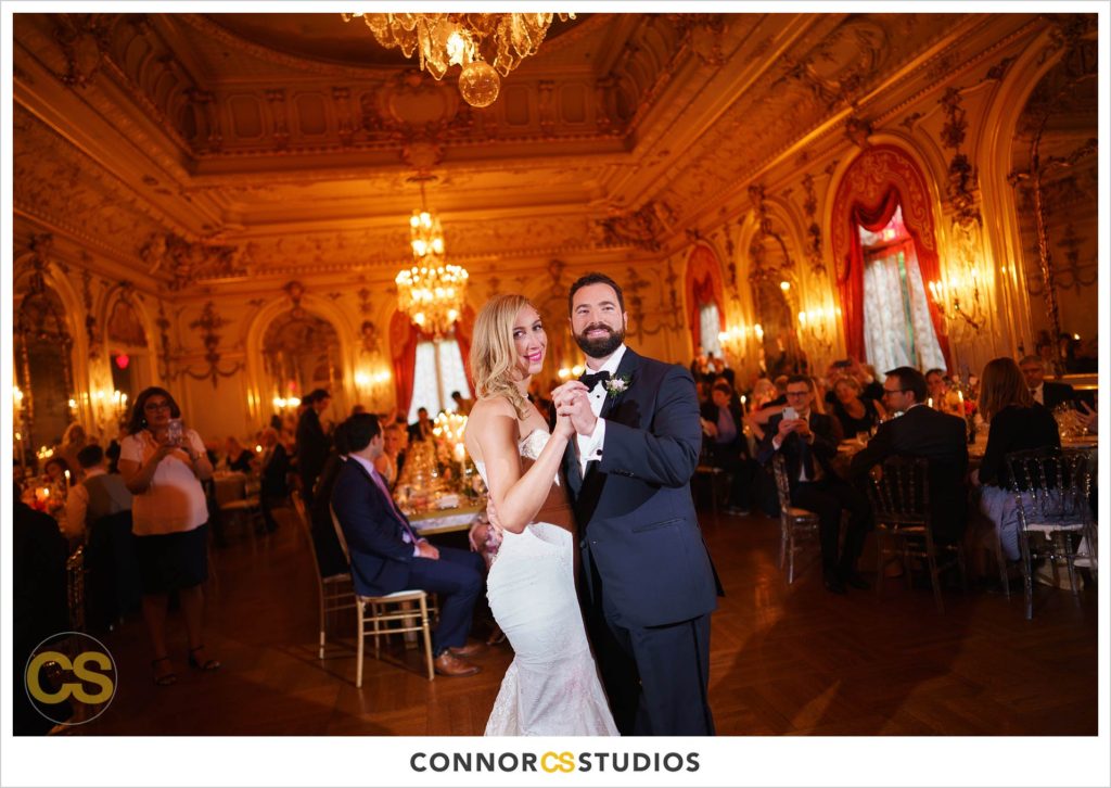 bride and groom first dance  at a luxury wedding in the ballroom at the Cosmos Club in washington, dc by connor studios