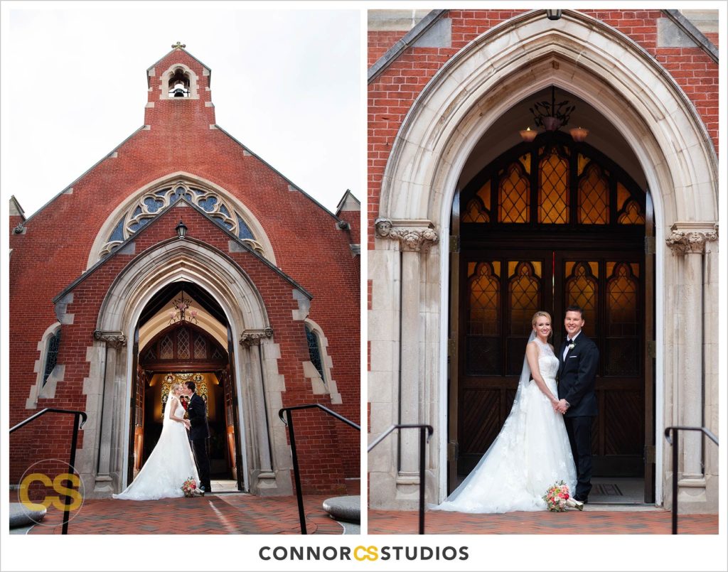 portrait of bride and groom at wedding at dahlgren chapel on the georgetown campus in washington, dc by connor studios