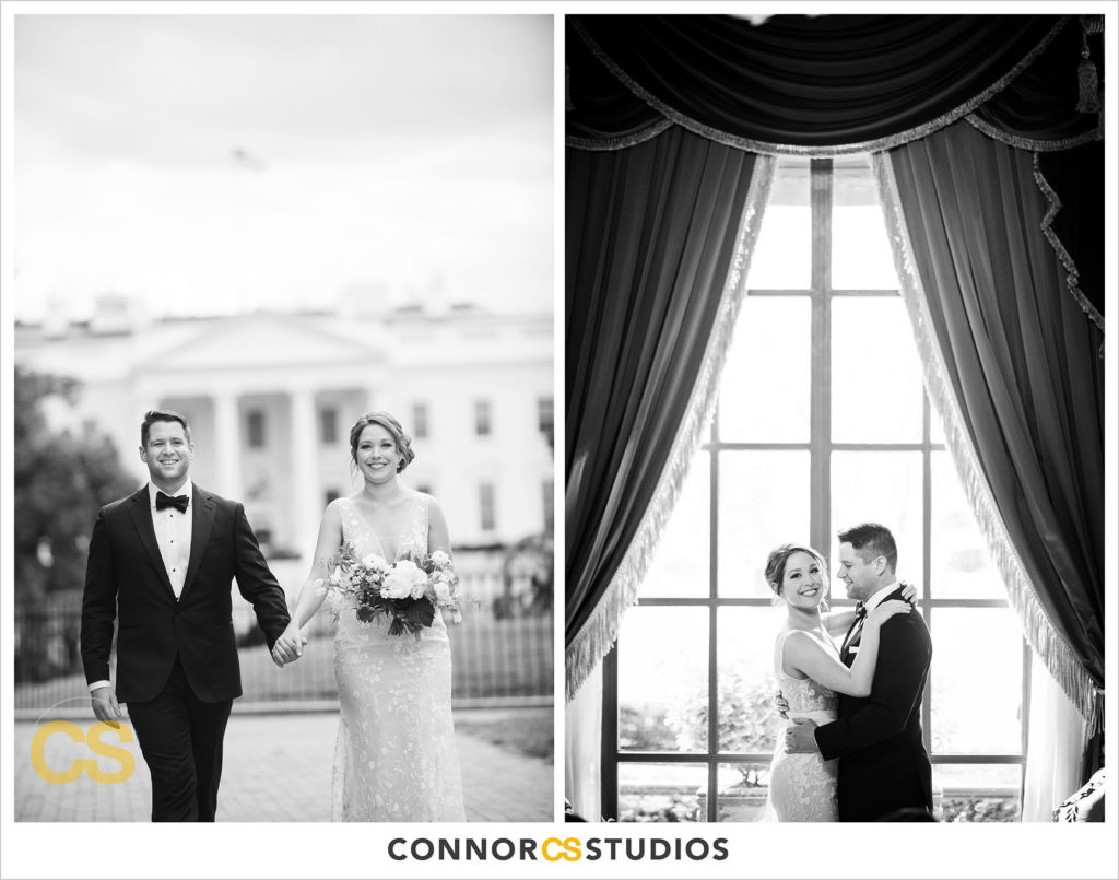 fall wedding portrait of bride and groom at lafayette park and the white house in washington, dc by connor studios