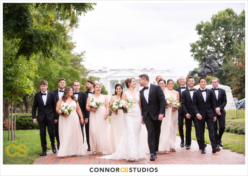 fall wedding portrait of bride and groom and wedding party at lafayette park and the white house in washington, dc by connor studios