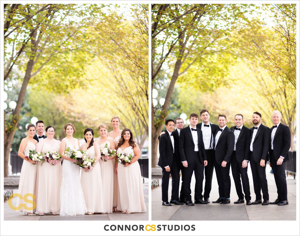 fall wedding portrait of bride and groom and wedding party at lafayette park and the white house in washington, dc by connor studios