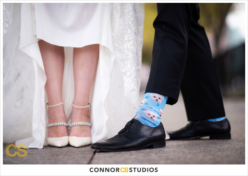 bride's shoes groom's blue dog socks at the st regis hotel in washington, dc by connor studios