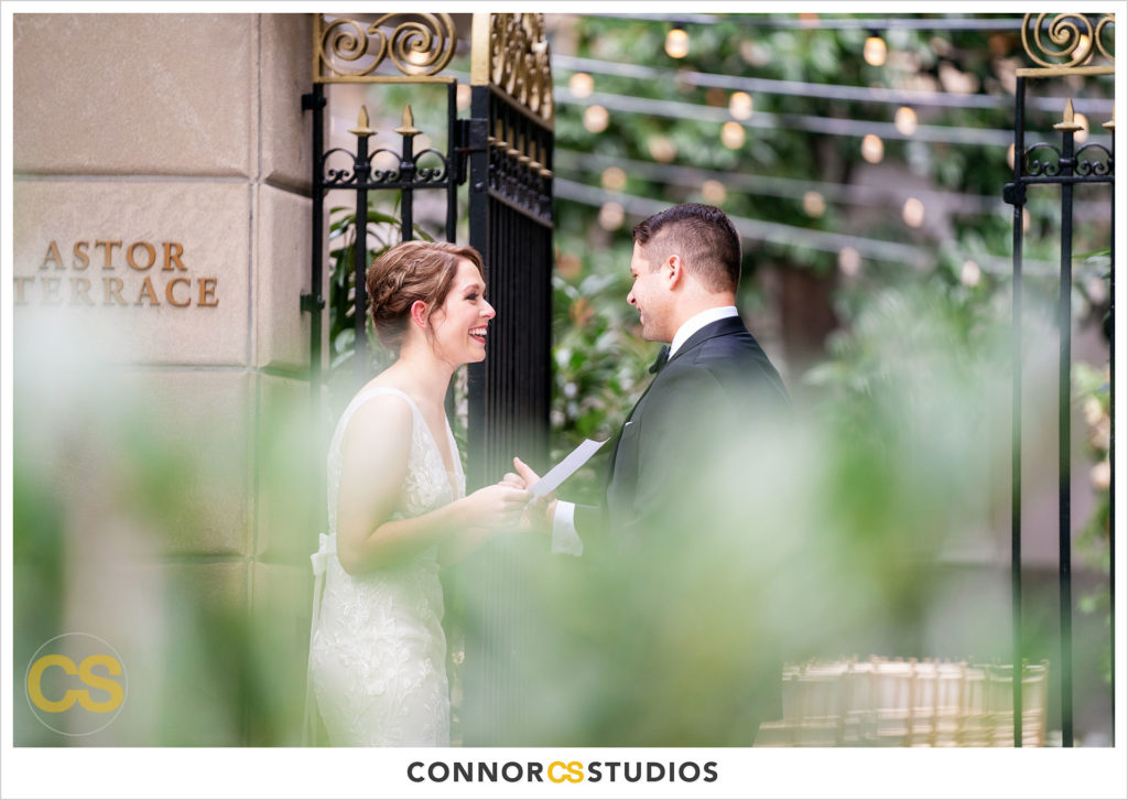bride and groom's first look before their wedding at the st regis hotel in washington, dc by connor studios