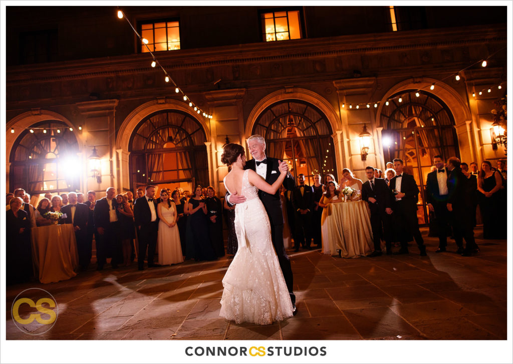father daughter dance on the astor terrace at night at the st regis hotel in washington, dc by connor studios