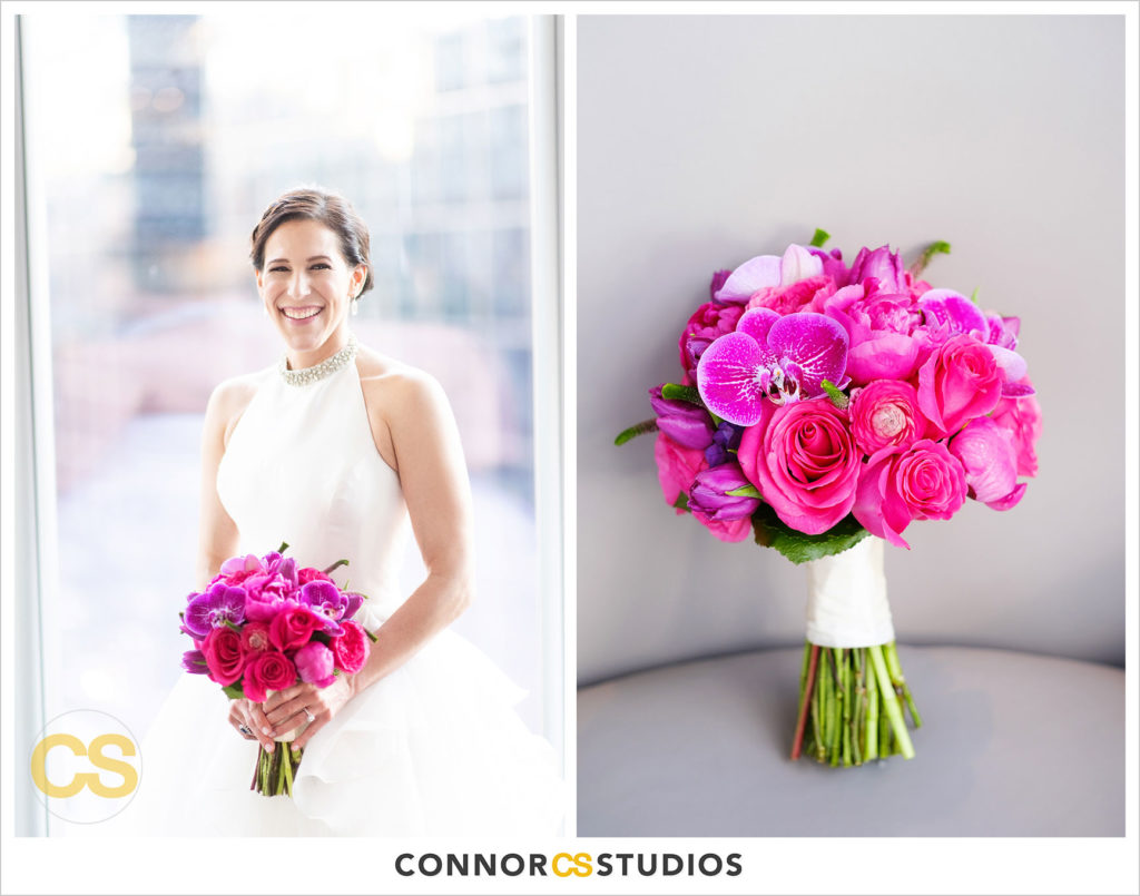 new year's eve wedding portrait of bride and edge flowers at conrad dc hotel in washington, dc by connor studios