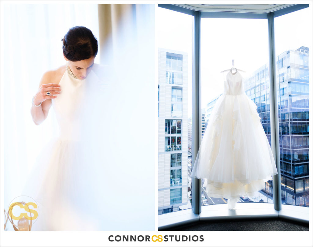 bride getting into wedding dress with mom at conrad dc hotel in washington, dc by connor studios