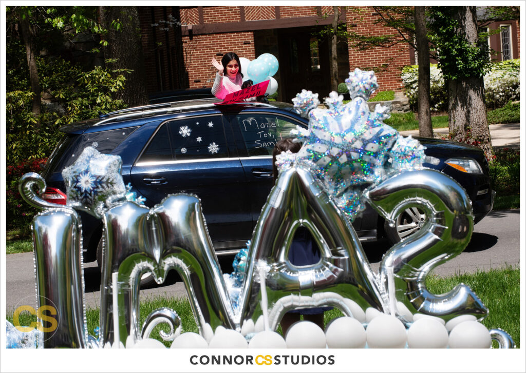 drive by bat mitzvah during 2020 pandemic covid19 with mitzvah masks in washington dc by connor studios