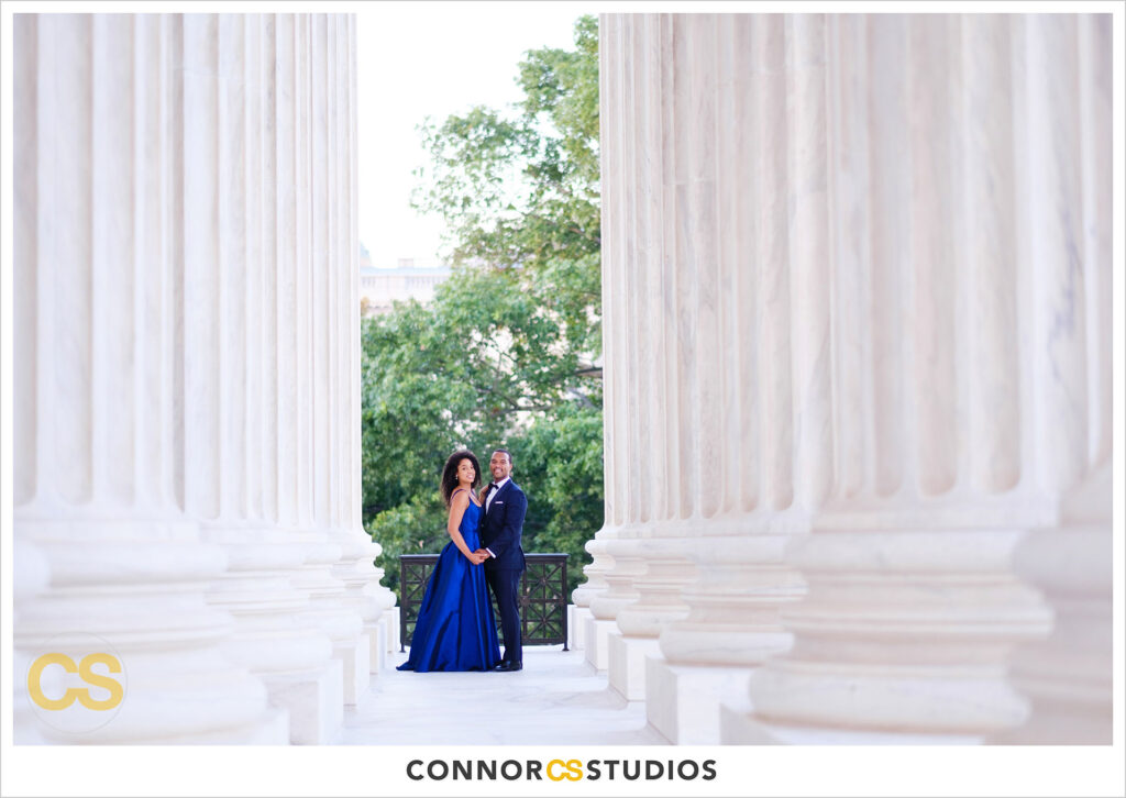 formal engagement session photographs of bride and groom at the supreme court in washington, dc by connor studios