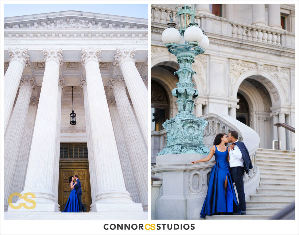 formal engagement session photographs of bride and groom at the library of congress and supreme court in washington, dc by connor studios