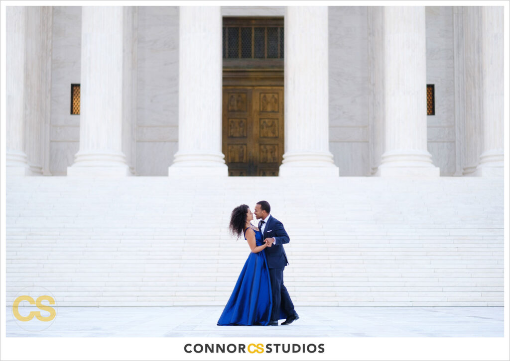 formal engagement session photographs of bride and groom at the supreme court in washington, dc by connor studios