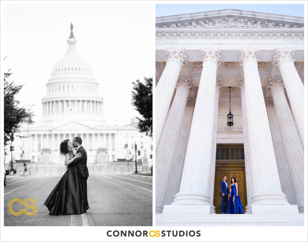 formal engagement session photographs of bride and groom at the us capitol and supreme court in washington, dc by connor studios