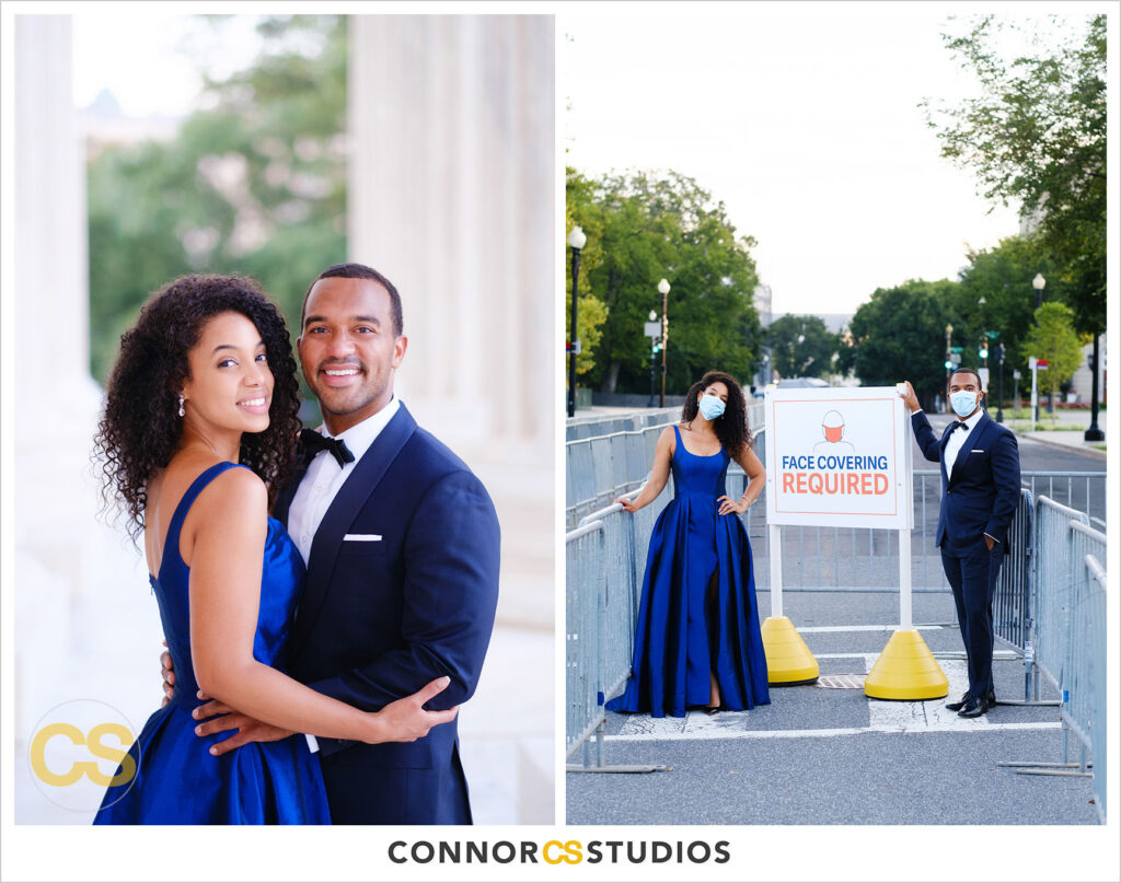 formal engagement session photographs of bride and groom at the us capitol with covid masks in washington, dc by connor studios