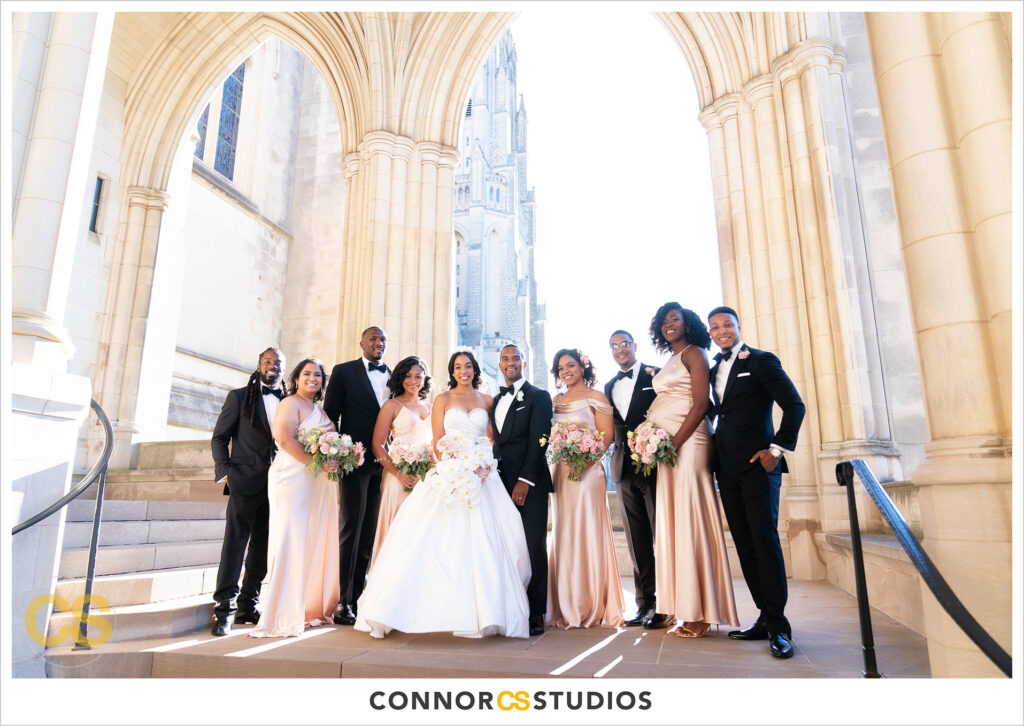 luxury wedding portrait of wedding party at the national cathedral during covid-19 in washington, dc by connor studios