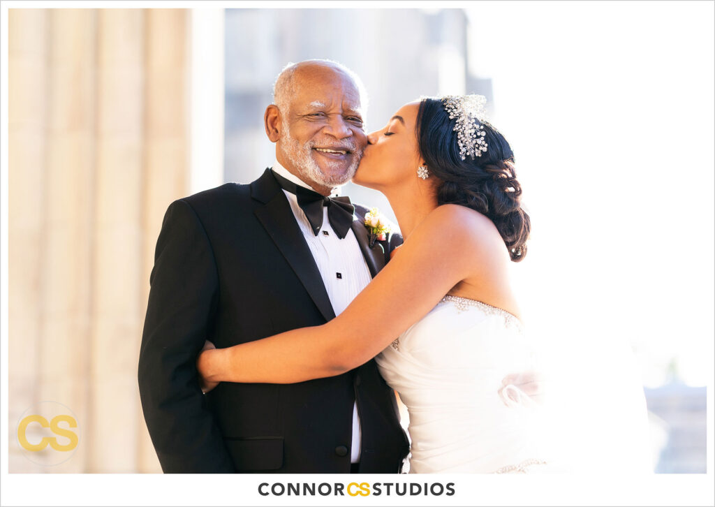 luxury wedding portrait of bride and father at the national cathedral during covid-19 in washington, dc by connor studios