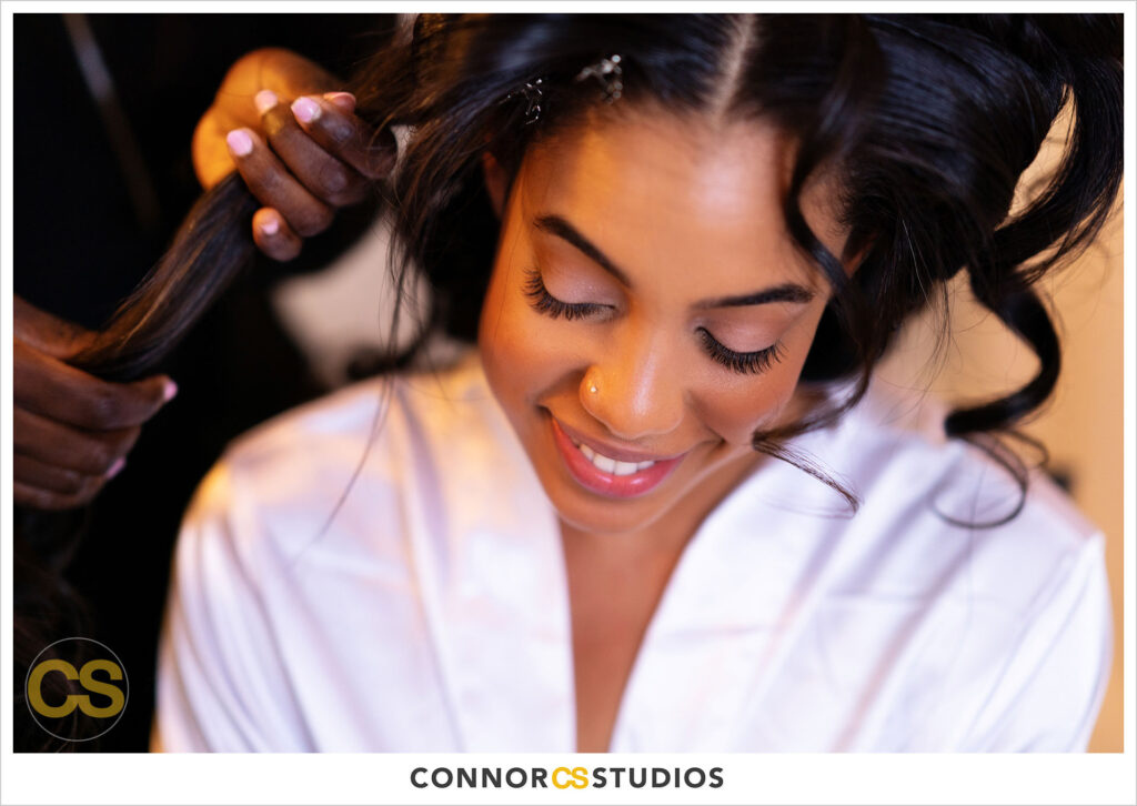 luxury wedding photography of bride getting ready at the cosmos club during covid-19 in washington, dc by connor studios