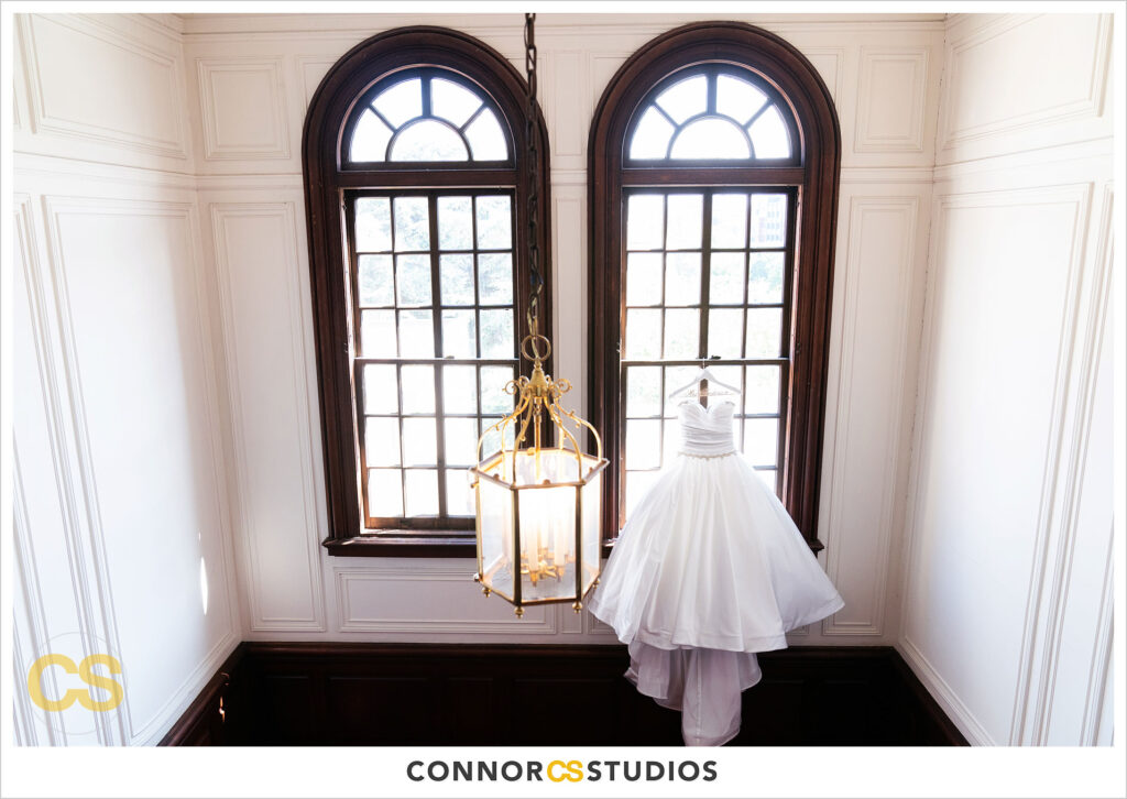 luxury wedding photography of the bride's wedding dress at the cosmos club during covid-19 in washington, dc by connor studios