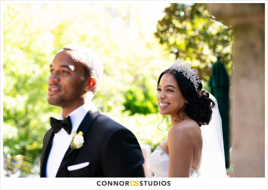 luxury wedding photography bride and groom's first look at the cosmos club during covid-19 in washington, dc by connor studios